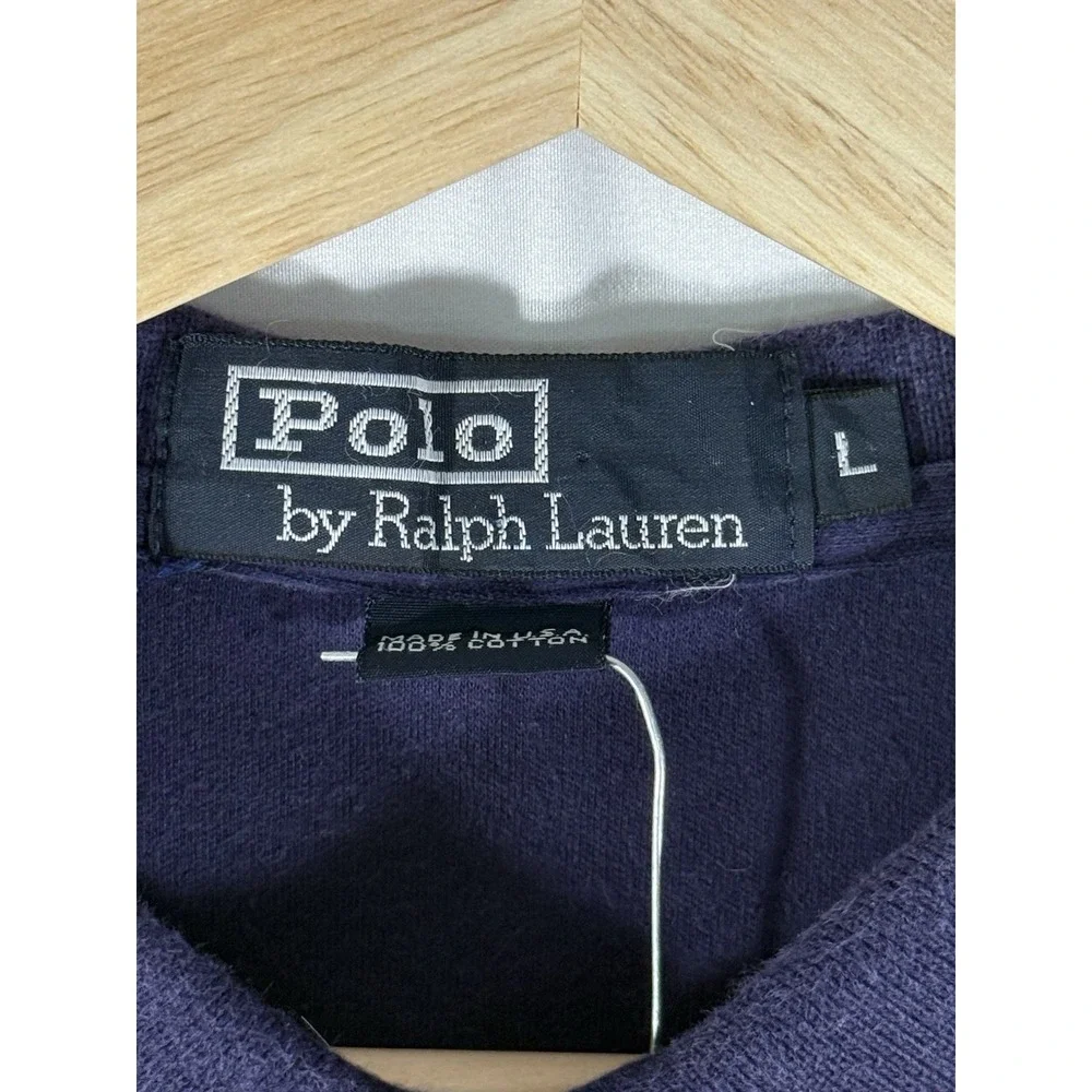 POLO Ralph Lauren Golf‎ Shirt Navy Blue w/ White Placket Flag Print on Arm Men L
